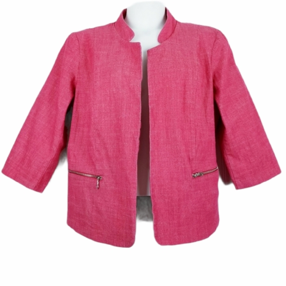 Roz & Ali 1X Plus Size Neon Pink Boxy Open Front Blazer 3/4 Sleeve Jacket Lined - Picture 1 of 10